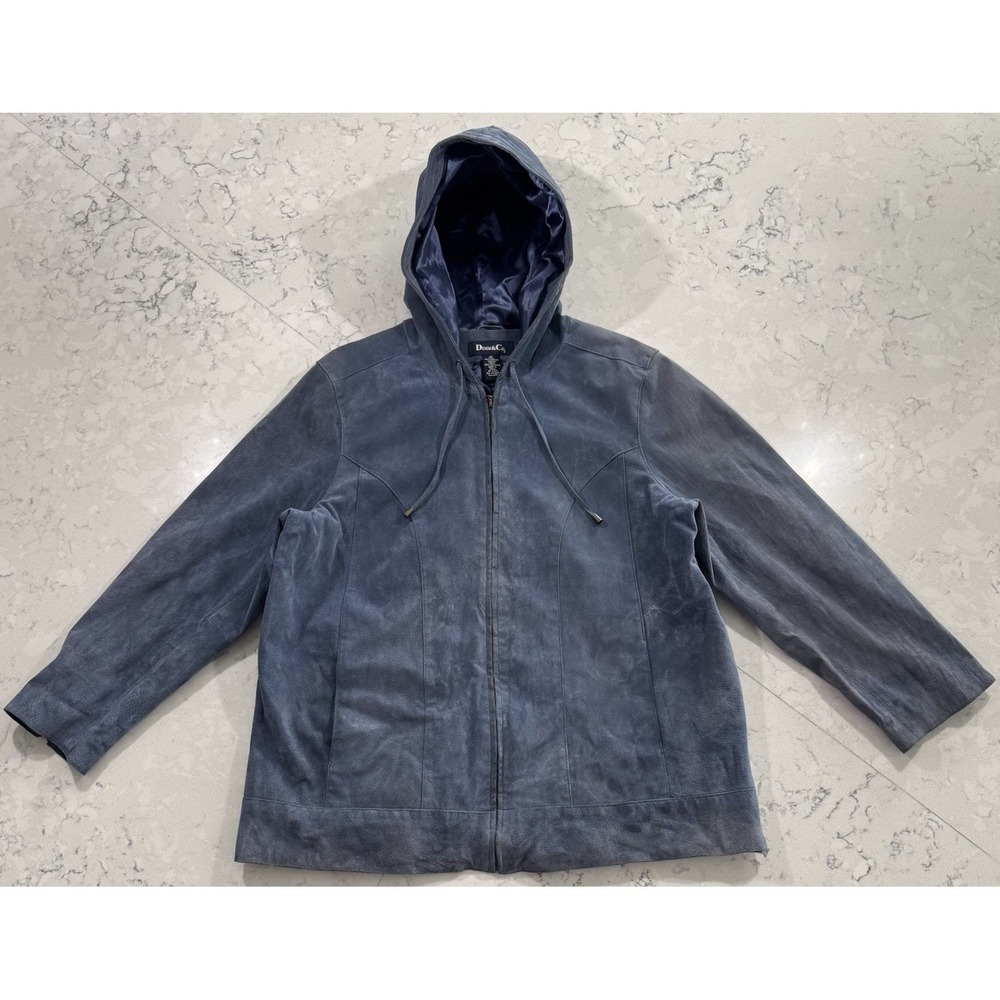 VTG Y2K Denim & Co Suede Leather Jacket Womens Plus 1X Blue Hooded Full Zip Coat